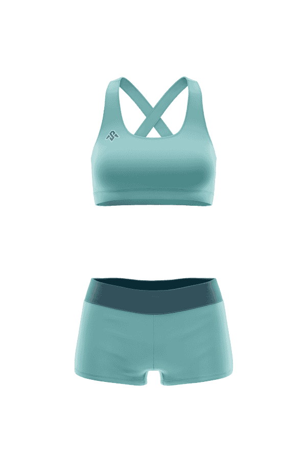 Two-piece women’s gym outfit – fitness crop top and shorts set for warm-weather workouts and athleisure resellers